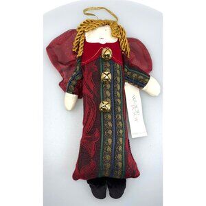 Handcrafted Woof & Poof Angel Ornament With Bells & Red Bow - 13 Inch